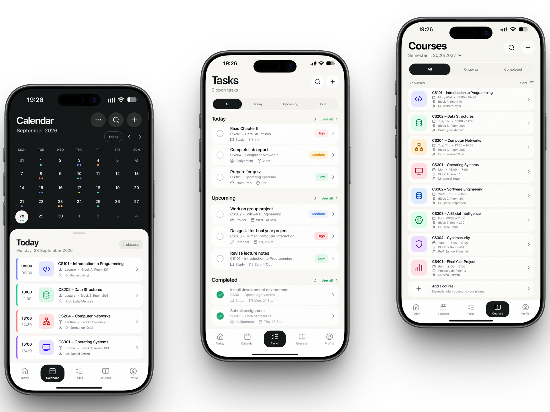 AuraStudy Calendar, Tasks, and Courses screens shown side by side on three phones