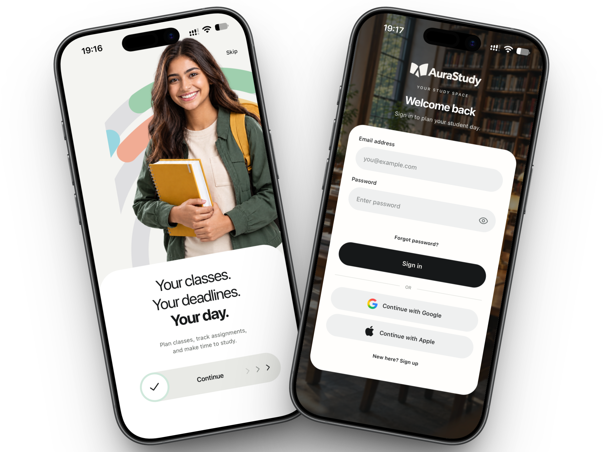 AuraStudy welcome and sign-in screens shown on two phones