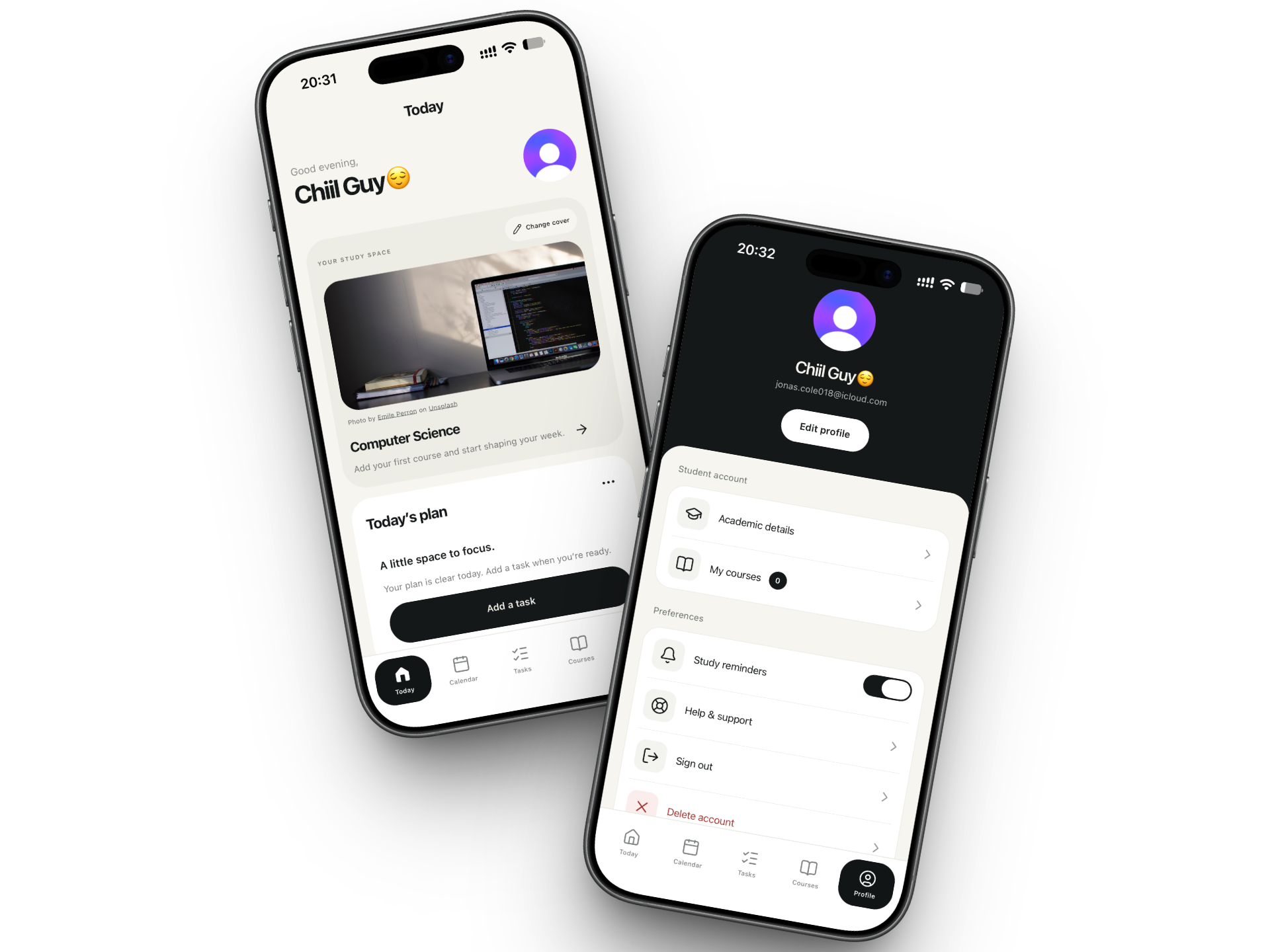AuraStudy Today and Profile screens shown on two phones